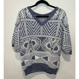 Vintage 80's Organically Grown Elbow Length, Short Sleeve, Blue/White Sweater
